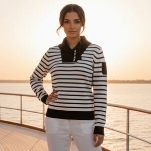 Lauren Ralph Lauren Black and White Striped Toggle Lightwight Sweater Size SP